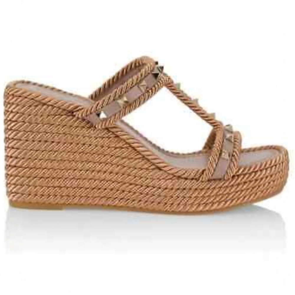 Valentino Tan Rope Wedge Slide Sandals